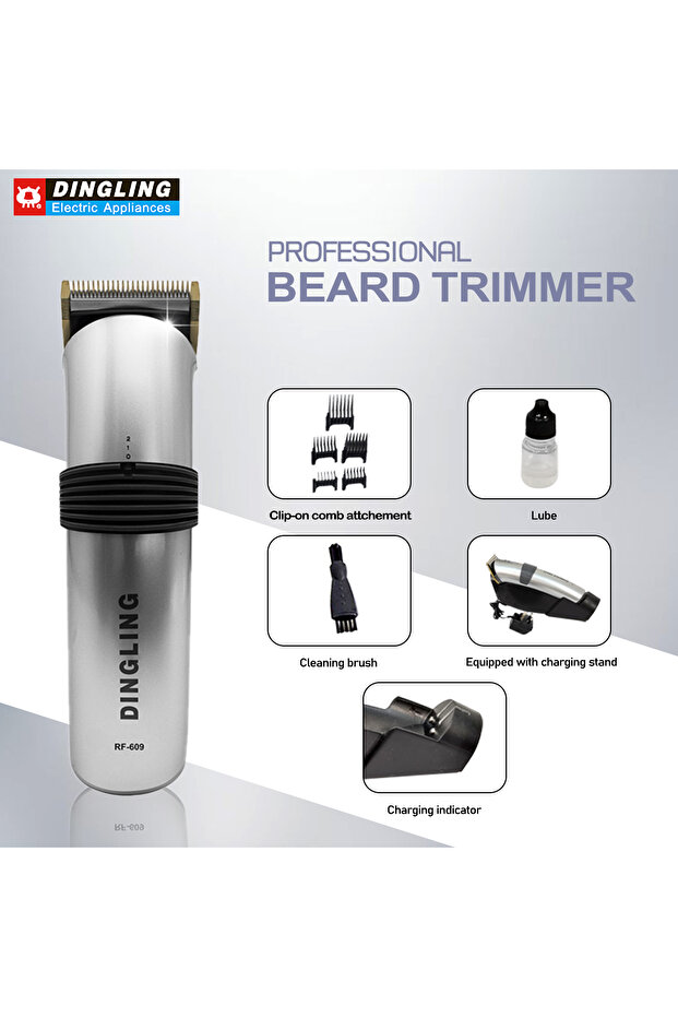 RF-609 Professional Rechargeable Hair Clipper Beard Trimmer with 5 Guide Combs Silver