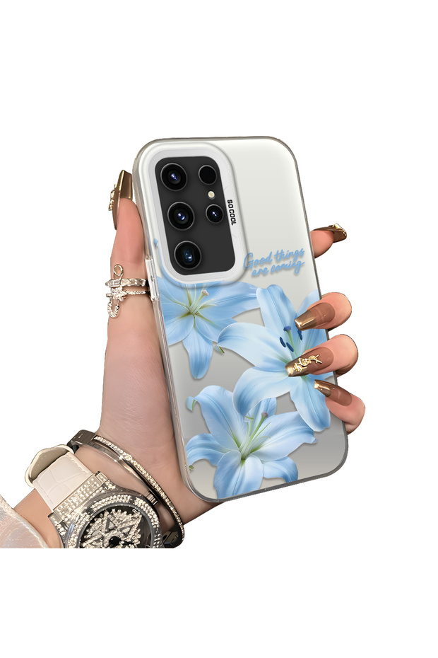 Samsung Galaxy S23 Ultra Compatible Silicone Edge Hard Back Case Couple Phone Case with Floral Pattern