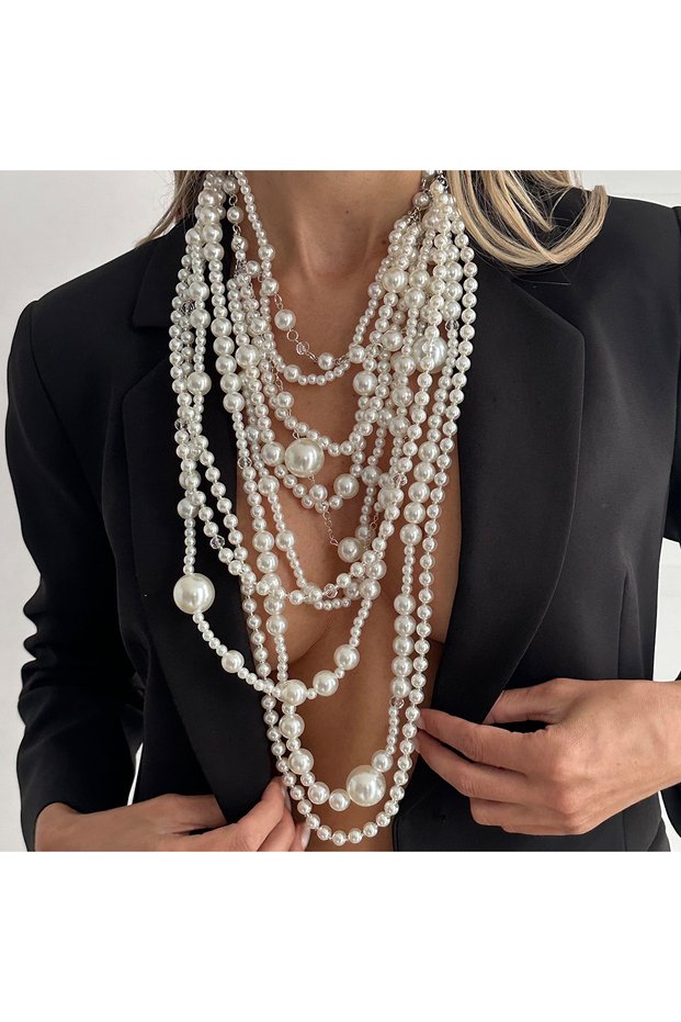 Silver Color Ingemark Boho Exaggeration Multi-Layer Imitation Pearls Necklaces for Women Vintage Sl