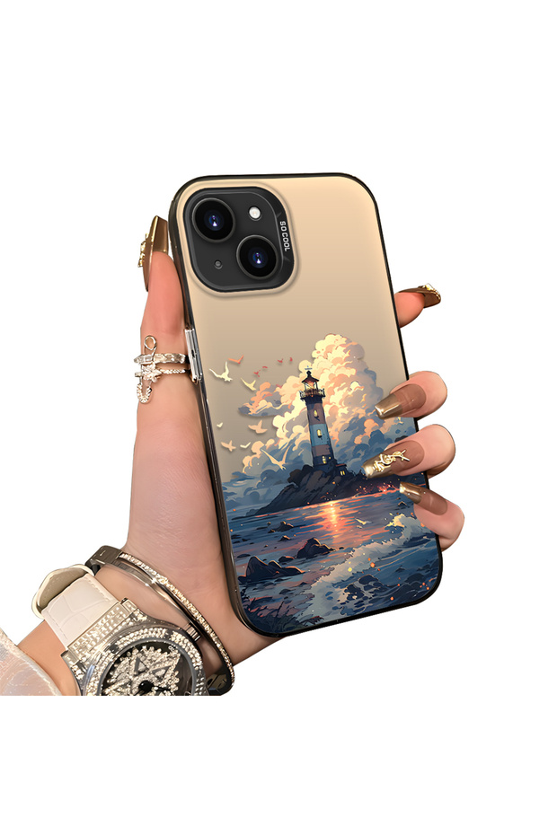 حافظة هاتف متوافقة مع iPhone 15 Plus مصنوعة من السيليكون بحافة صلبة وخلفية صلبة بنمط برج