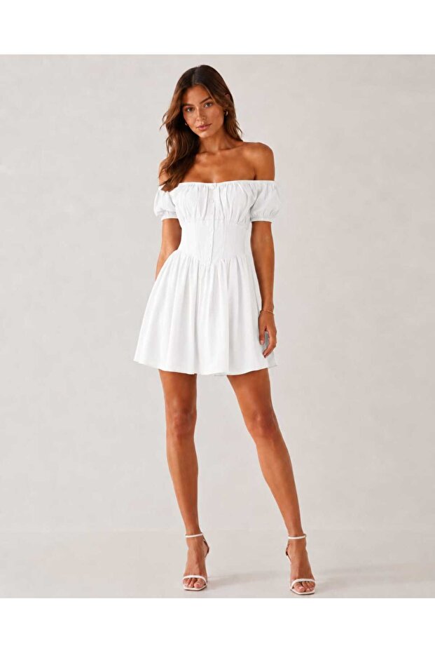 Women's 100% Cotton Lined Off-Shoulder Corset Detailed Buttoned Mini Summer Dress