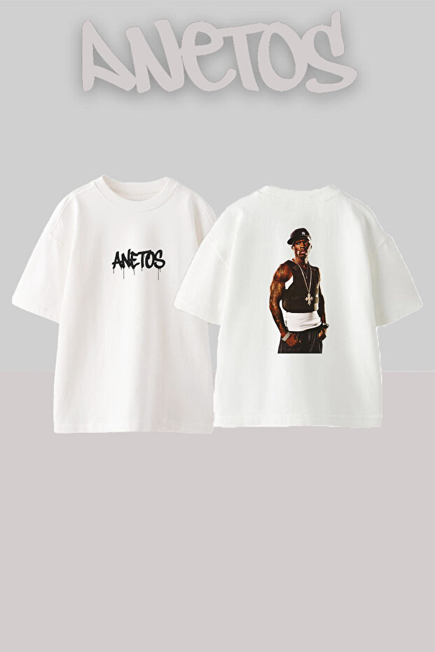 50 Cent_65 Design Printed Oversize White T-Shirt