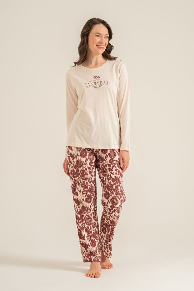 Women's Leaves Cream Long Sleeve Pajama Set Pc9263-S-V1