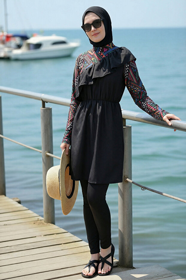 2-Piece Set (with Bonnet Gift) Asymmetrical Collar Elastic Parachute Fabric Burkini Hijab Swimsuit D5