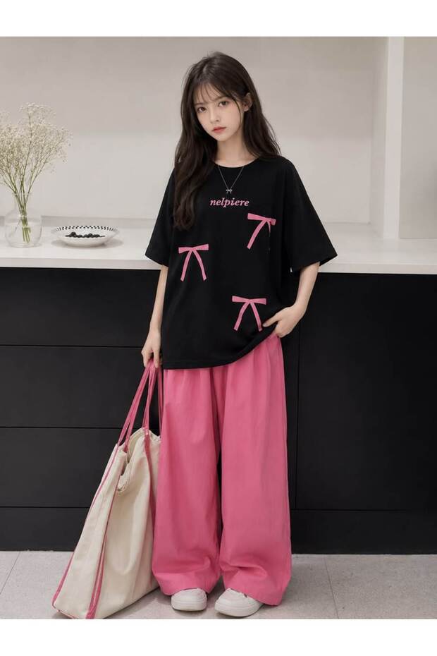 Oversize Ribbon Detailed Pink and Black Top and Bottom Set