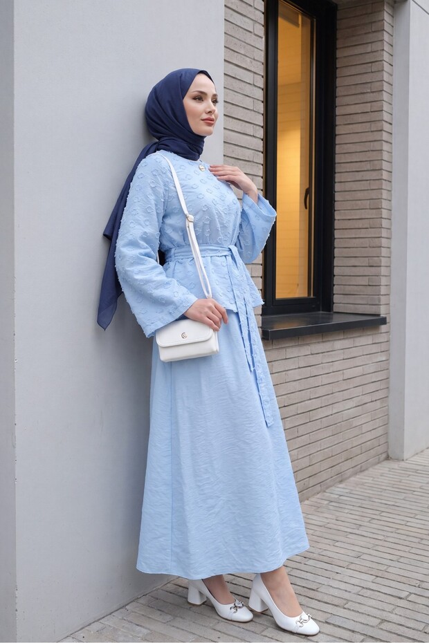 Single Button Belted Skirt with Pockets Embossed Patterned Jacquard Suit - Baby Blue