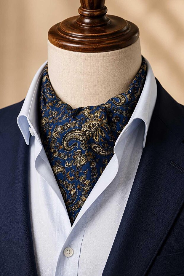 Beige Navy Blue Shawl Pattern Italian Silk Ascot Tie Sac124