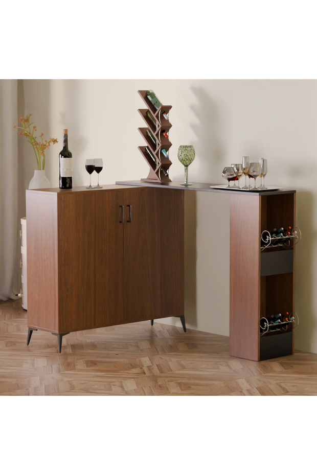 Extendable Bar Cabinet with Wine Rack, 2 Door Kitchen Storage Cabinet with Movable Side Table, Buffet Sideboard for Dining Room, Living Room and Home Bar - Zabrano and Black