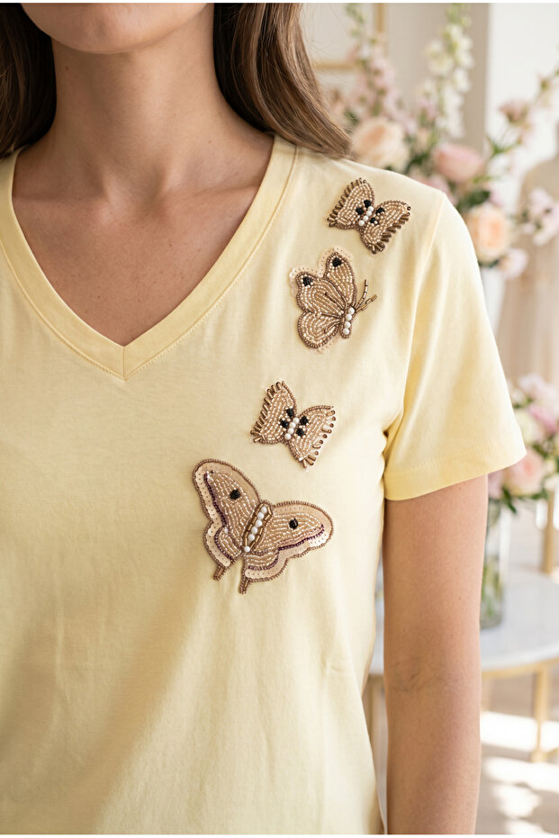 Yellow V-Neck T-Shirt with Butterfly Beads and Sequins Embroidery, 100% Cotton