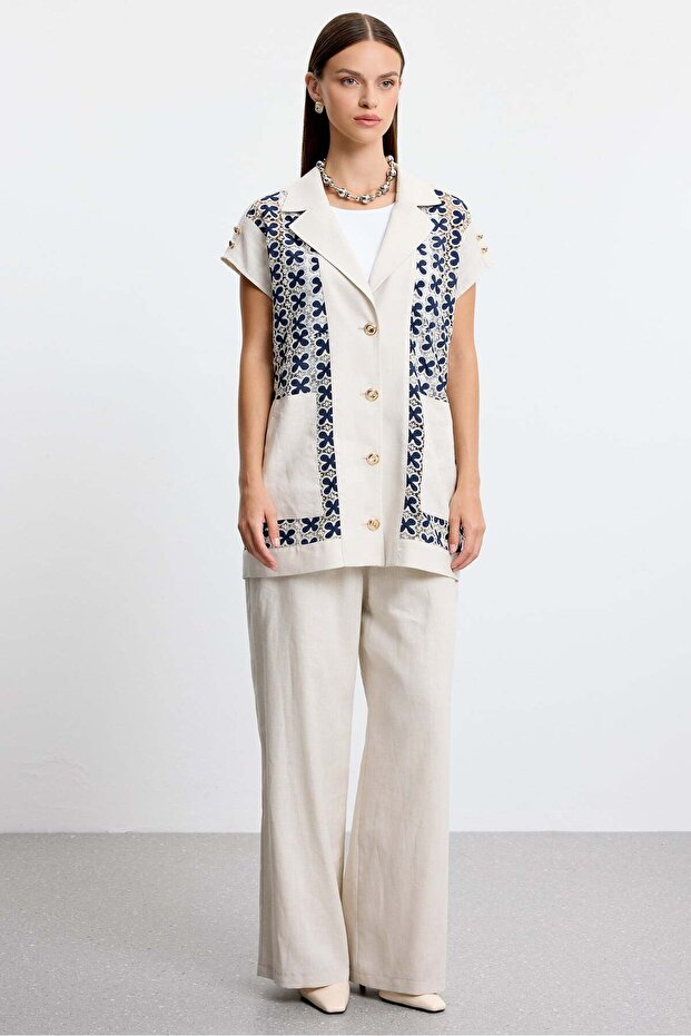 Fabric Combination Vest Linen Suit Dark Blue