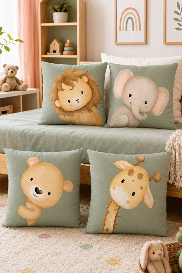 Green Safari Patterned 4-Piece Children's and Baby Pillowcase Set