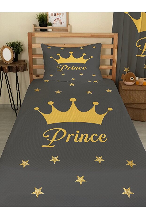 طقم بيكيه فردي مطبوع للأطفال والرضع منقوش عليه Crown Prince مقاس 160 × 220 رمادي