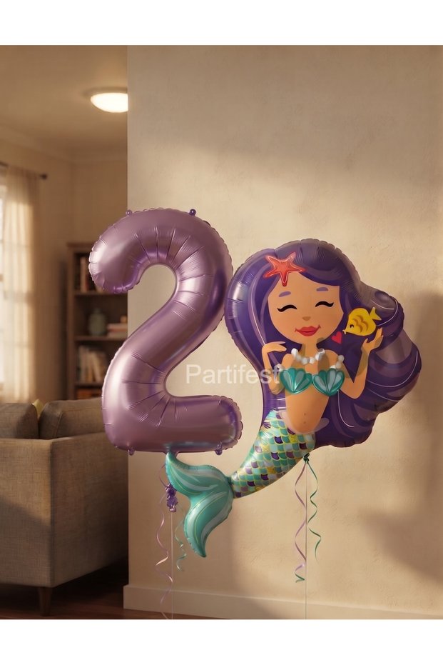 Mermaid Themed Foil Balloon Set - Purple Number Balloon for 2 Year Olds and Mermaid Figure Balloon