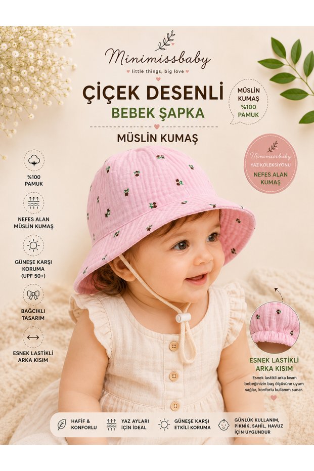 Pink Crispy Floral 2-Layer Muslin Baby Girl Summer Hat