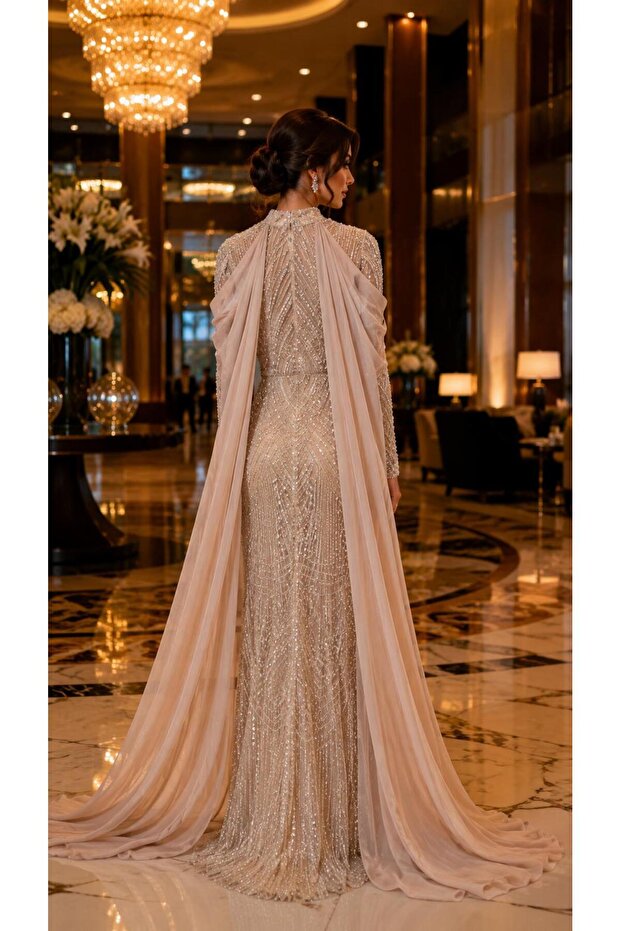 Long Sleeve Stone Embellished Evening Dress - 9132