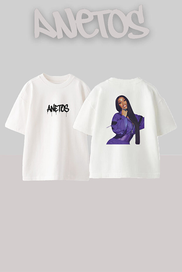 تي شيرت أبيض كبير الحجم مطبوع بتصميم Cardi B_11 للجنسين