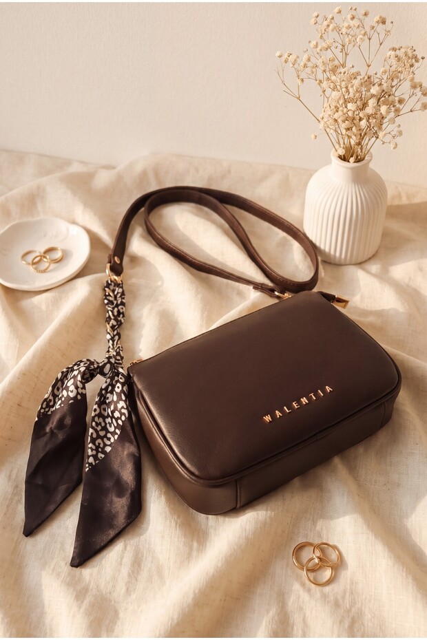 Long Strap Bag with Zipper Compartment -Brown