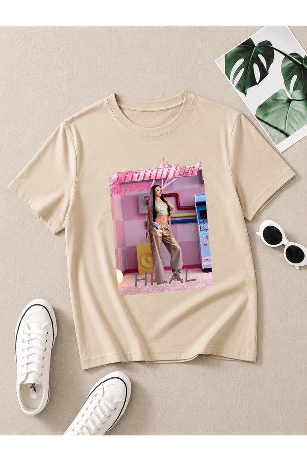 Manifest Powder Pink Zoktay Mina Esin Sueda Hilal Lidya Designed Beige T-Shirt