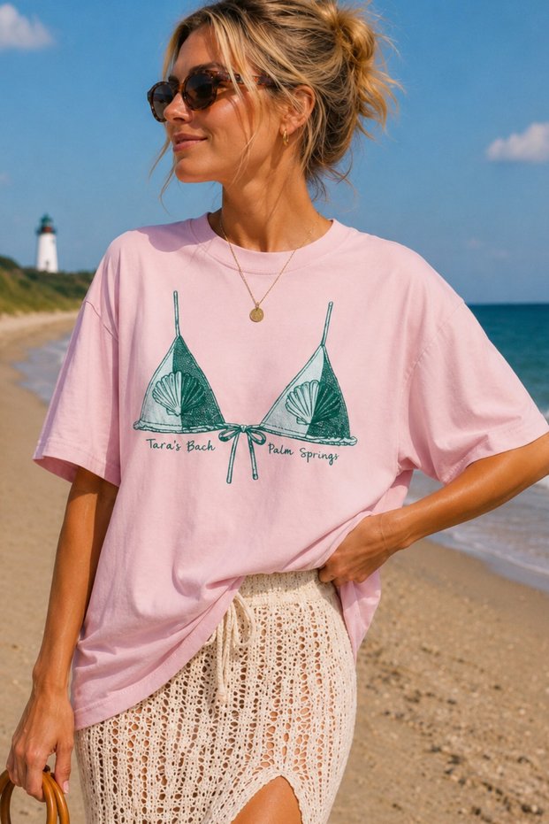 Women's Oversize T-Shirt Tara Beach Printed Pink – Crew Neck, Comfortable Fit, 100% Cotton