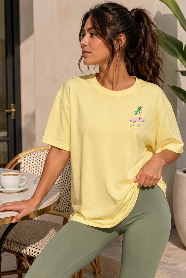 Women's Oversize T-Shirt Villa Route Printed Yellow – Crew Neck, Comfortable Fit, 100% Cotton