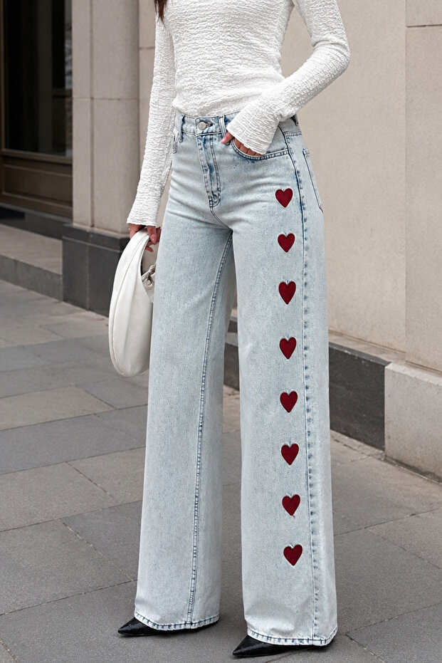 Light Blue Heart Embroidered Wide Leg Jeans