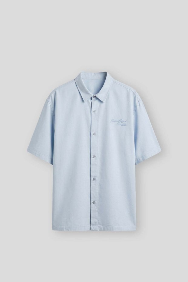 Men's Boxy Fit Embroidered Detailed Cotton Short Sleeve Shirt Light Blue