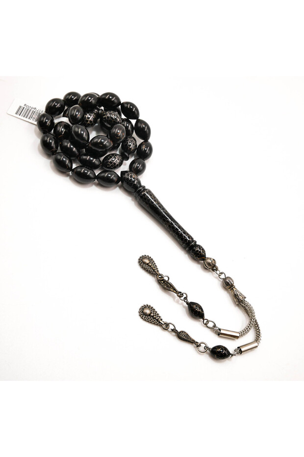 Yusr Rosary 33 Beads 9.5x13mm Black Oval Prayer Beads 38g Gold Sparkle Inlay with Silver Chain Tassel
