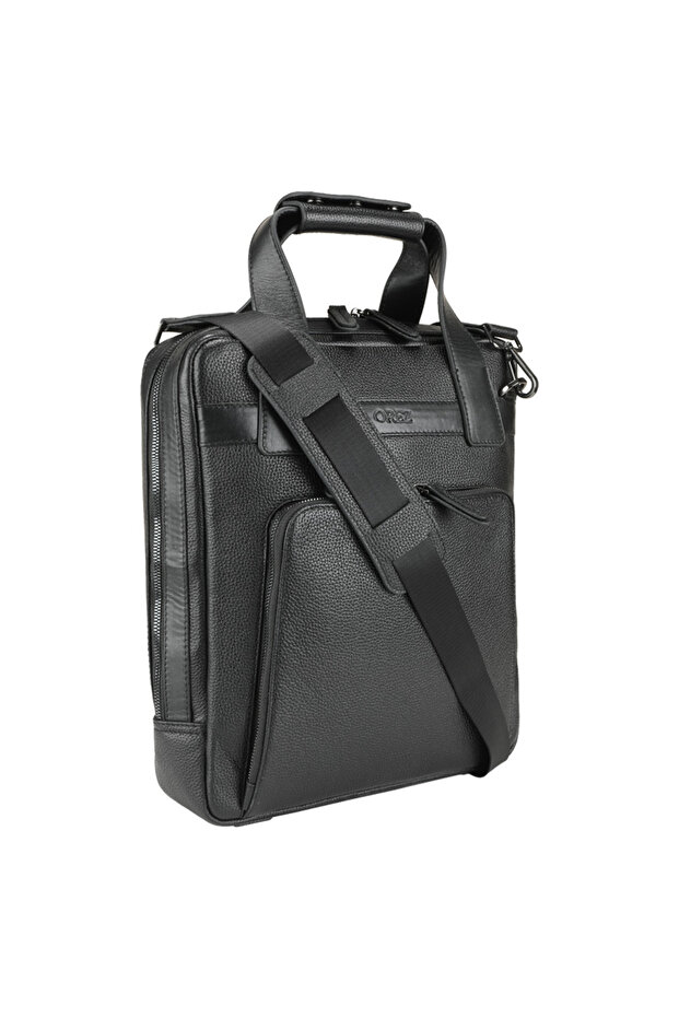Leon Satchel Men’s Genuine Leather Business Bag with Top Handle, Adjustable Shoulder Strap, Front Zip Pocket and Laptop-Style Compartment – Black