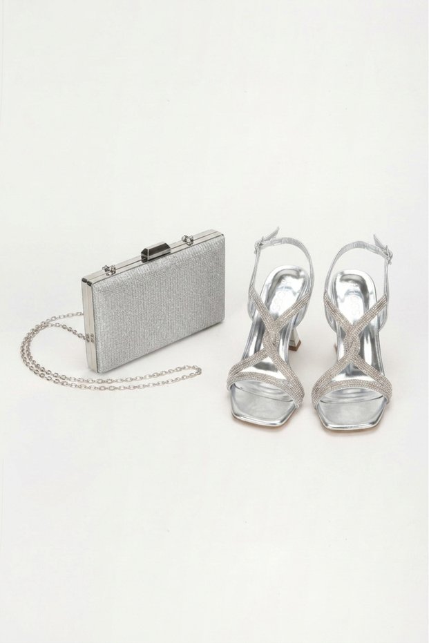 Women's Stone Detailed Thin Heeled Evening Dress Shoes and Bag Set