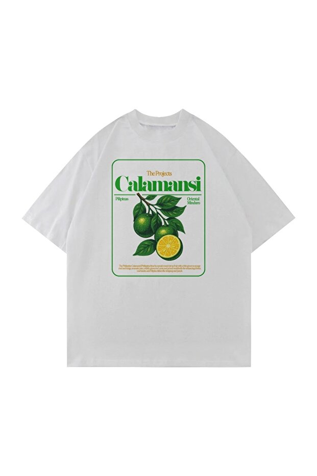 Calamansi Printed White Oversize Unisex T-Shirt Basic Comfortable Fit Daily Tshirt