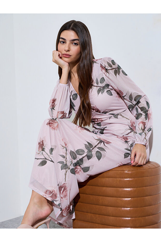 Pink Floral V Neck Wrap Maxi Dress