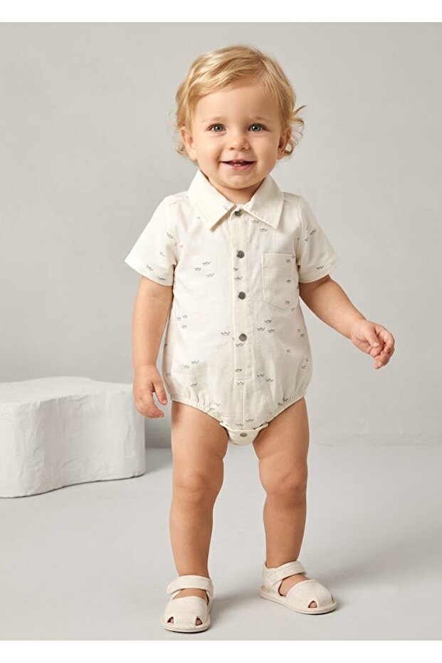 Organic Cotton Linen Short Sleeve Summer Baby Boy Romper