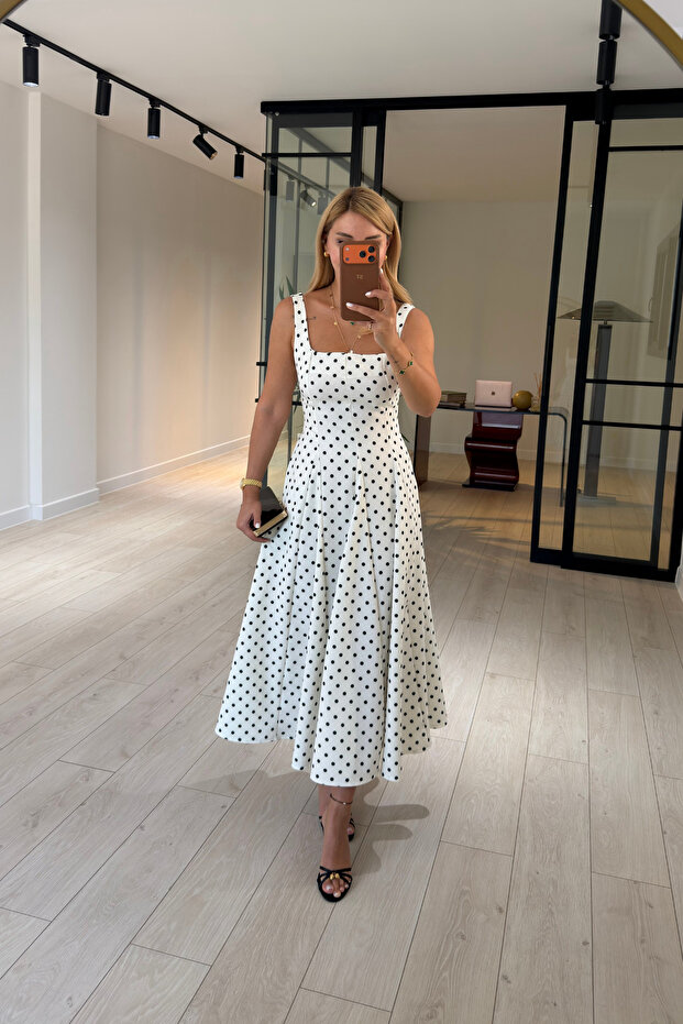 Godeli Square Collar Polka Dot Ecru Bell Dress