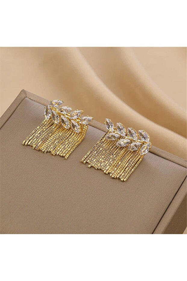 Gold Color Zircon Stone Tassel Dangle Earrings