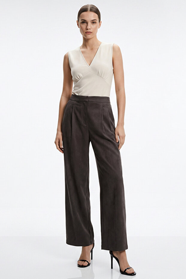 High Waist Pleated Zippered Regular Leg Trousers