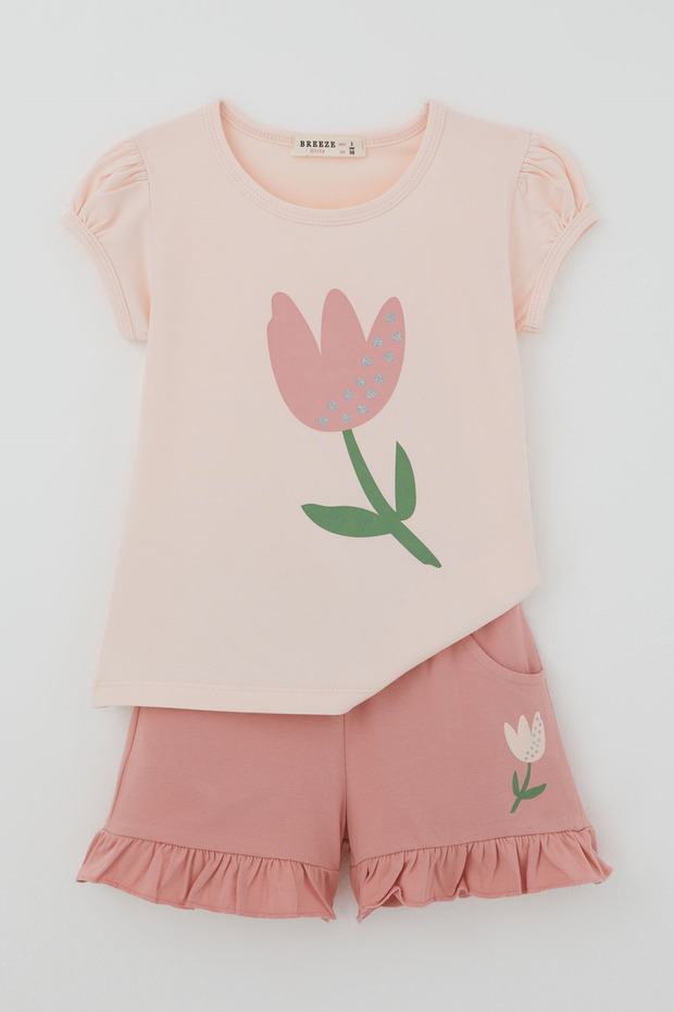 Girl's Shorts Set with Glitter Tulip Print and Bow Detail, Ages 2-6, Powder