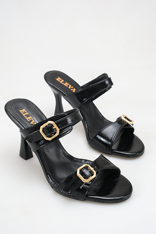 Women's Buckle-Strapped 9 cm Heeled Patent Leather Summer Slippers