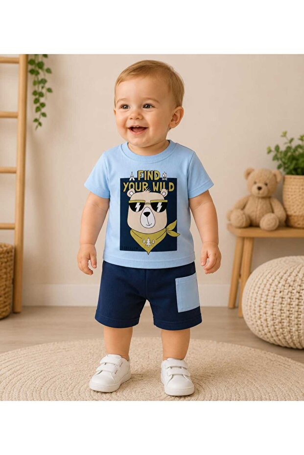 Baby Boy Find Your Wild Teddy Bear Printed Cotton Top and Bottom Summer Set