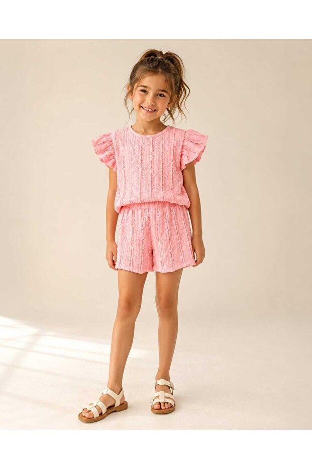 Girl's Ruffle Sleeve Textured Shorts Summer Set