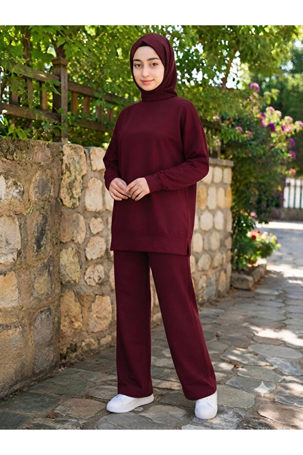Women's Islamic Clothing Summer Thin Fabric Self-Line Detailed Crew Neck Tunic Top and Bottom Set