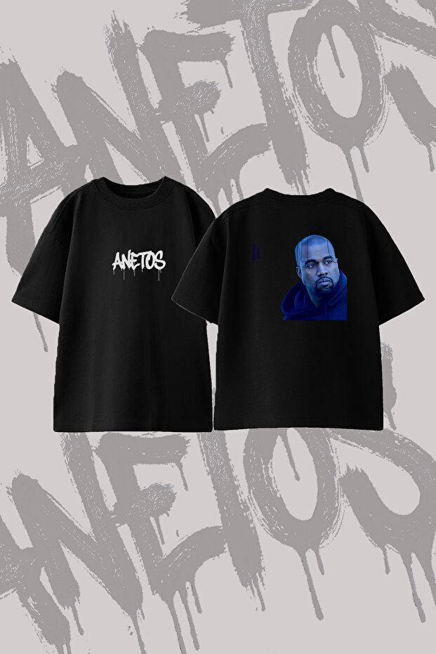 تي شيرت Kanye West_3 ذو تصميم مطبوع وياقة دائرية كبيرة الحجم باللون الأسود