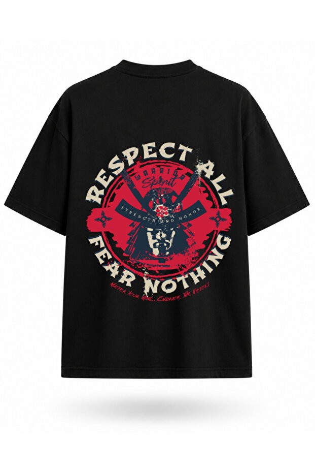 Samurai Mask Printed Oversize Unisex T-Shirt Japanese Warrior Graphic Streetwear Back Printed Tee Shirt
