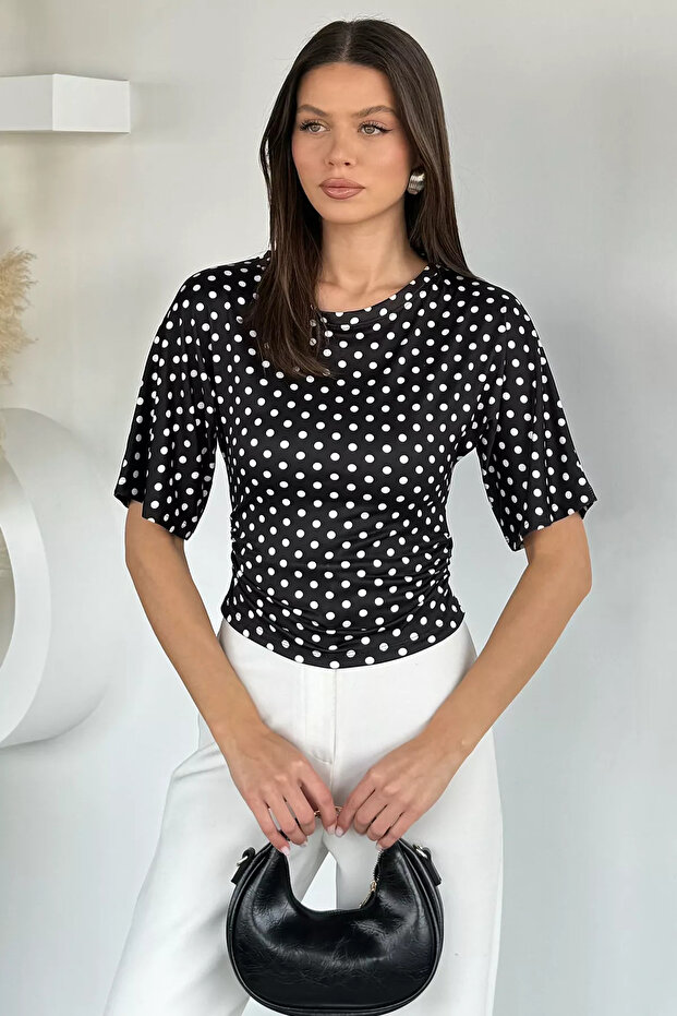 Black Women's Side Gathered Polka Dot Blouse