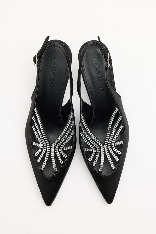 Heels 2631 - Pointed Toe Stone Embellished Black Satin Women's Heels