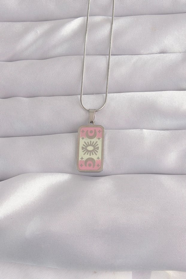 316L Steel Silver Color Pink Enamel Moon Figure Tarot Necklace