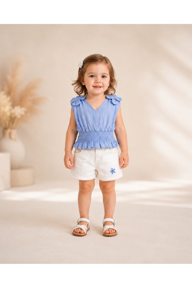 Girl's 3D Flower Detailed V-Neck Gipeli Shorts Set