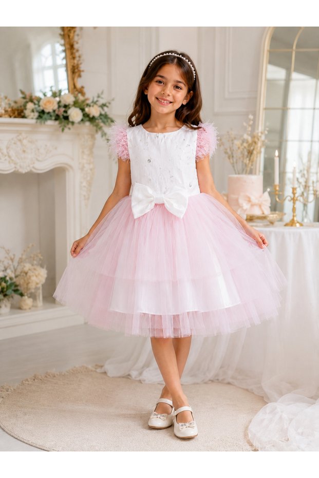 Joyful 53907-26 Stone Embellished Bow Fluffy Tulle Girls' Evening Dress – Birthday, Wedding, Engagement, Graduation Princess Gown