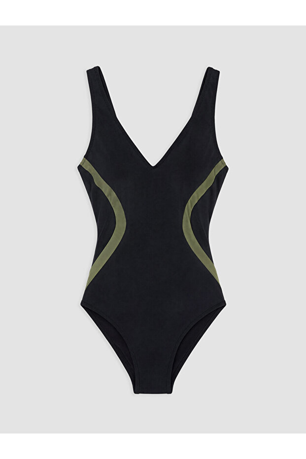 Black V-Neck Garni Detailed Women's Swimsuit