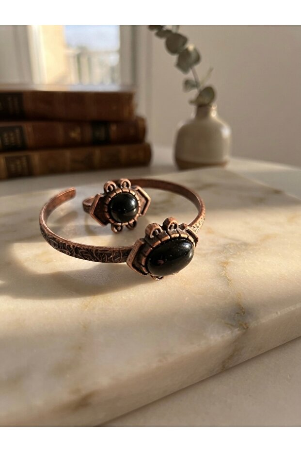 Onyx Natural Stone Embellished Copper Bracelet and Ring Set