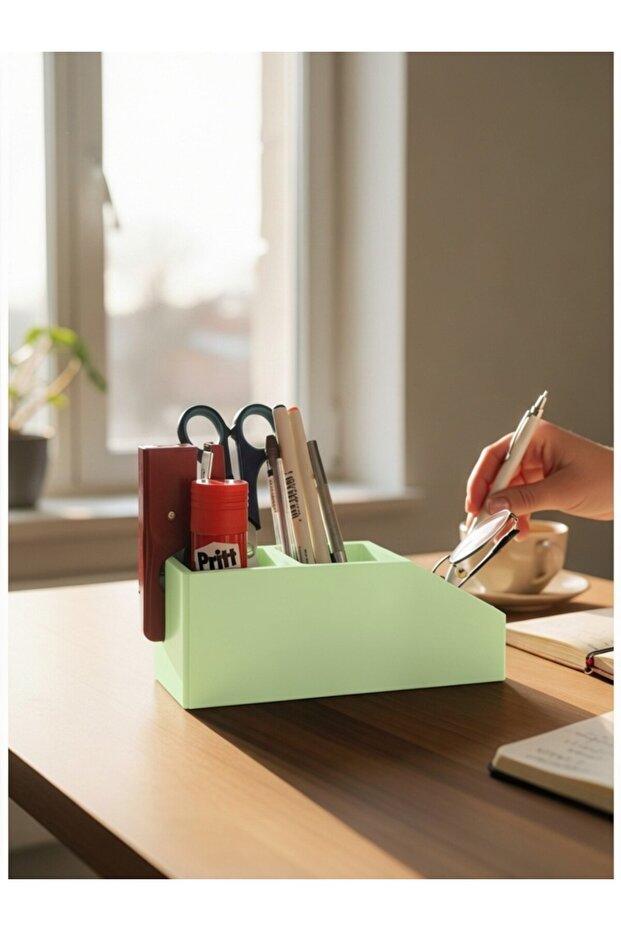 Neon Green Color Plastic Multi-Purpose 3 Compartments Desktop Home Office Work Desk Pen Holder Paper Clip Holder Pencil Case